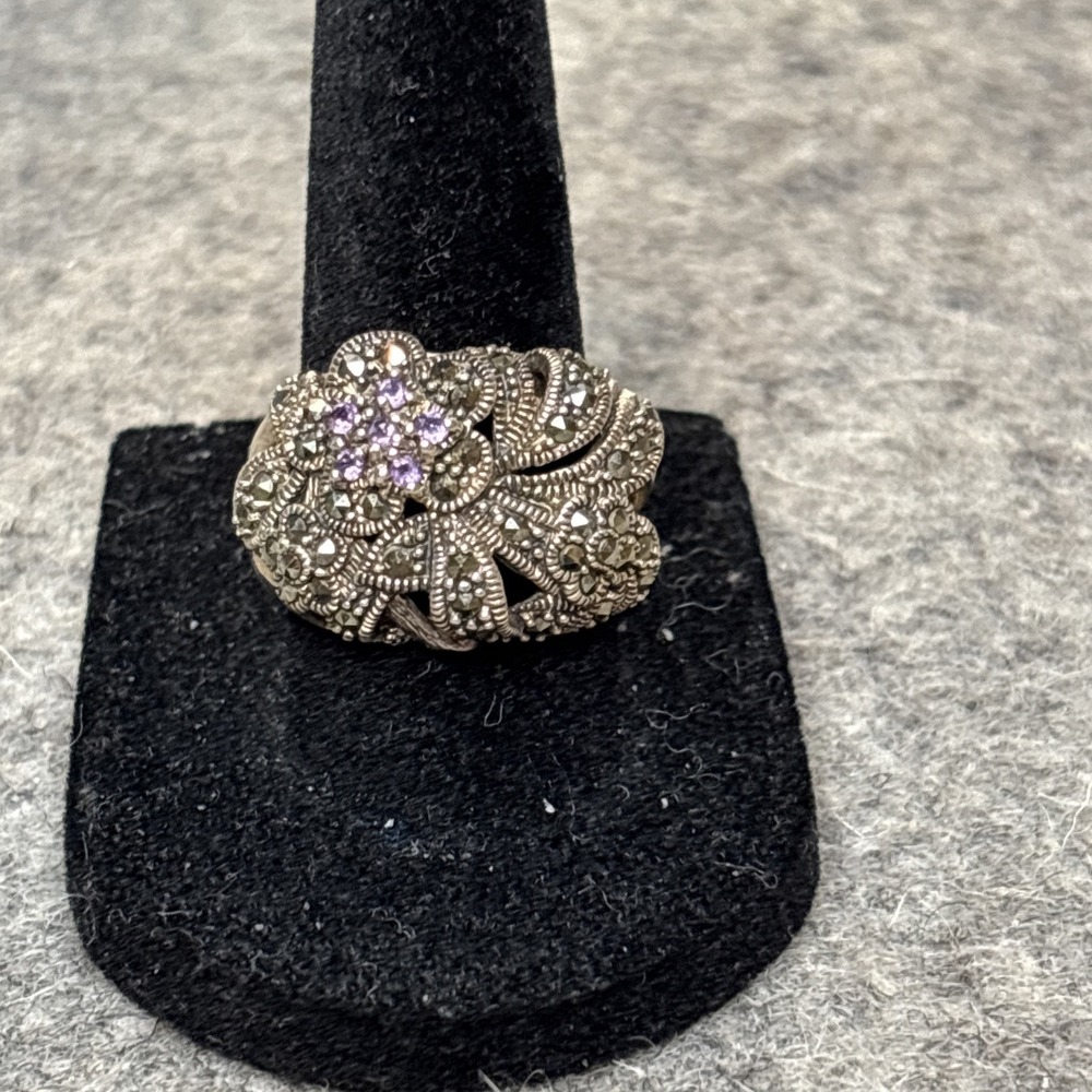 Vintage 925 Sterling Silver Macaste Floral Flower Ring Purple Stones Size 7